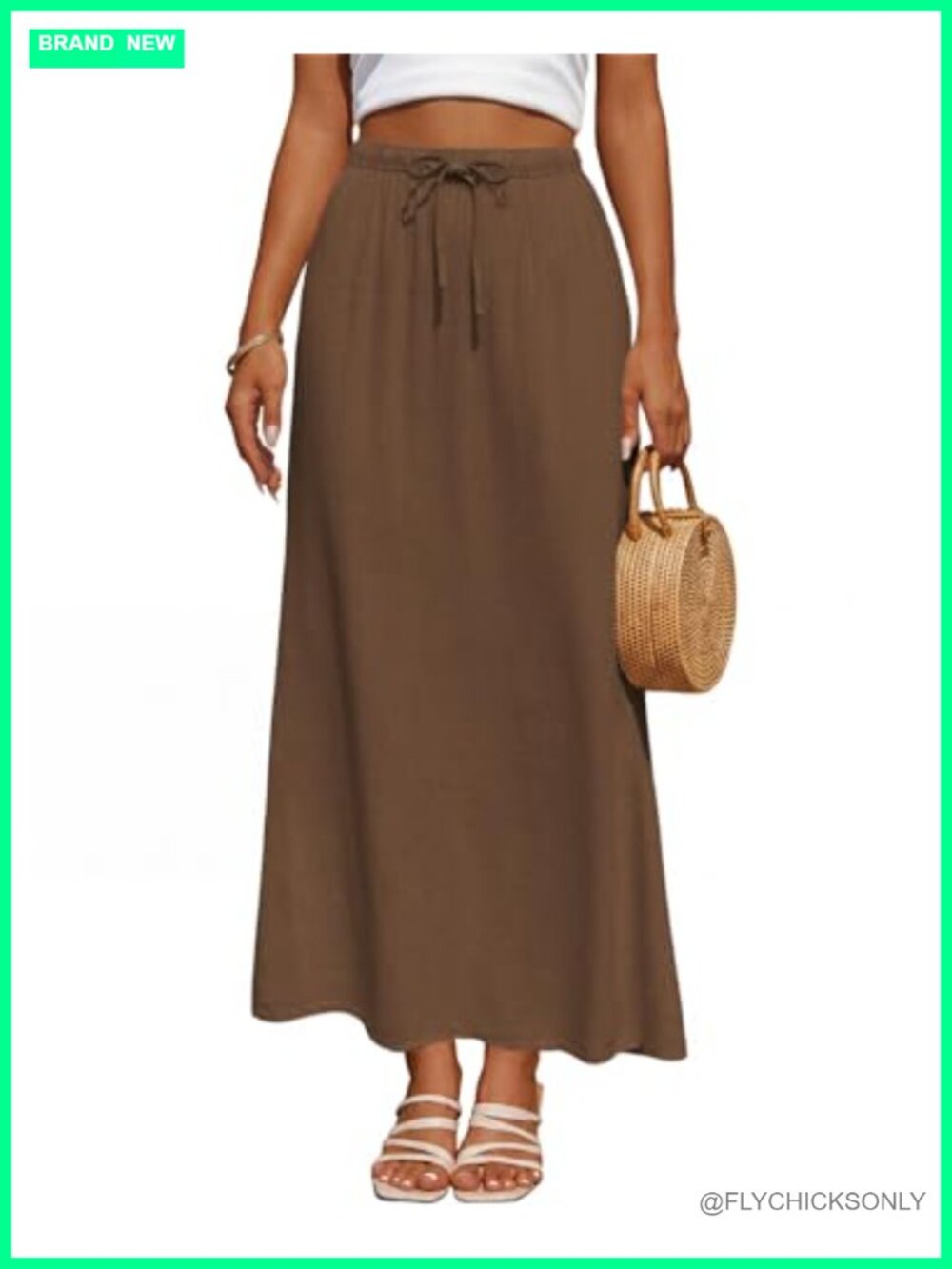 Drawstring Linen Maxi Skirt Back Slit Casual Long Skirt